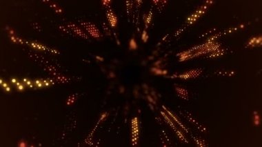 Parlayan ve yanıp sönen parçacıklardan dijital teknolojik tünele uçmanın animasyonu. Kusursuz döngünün animasyonu.