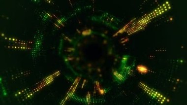 Parlayan ve yanıp sönen parçacıklardan dijital teknolojik tünele uçmanın animasyonu. Kusursuz döngünün animasyonu.