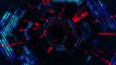 Parlayan ve yanıp sönen parçacıklardan dijital teknolojik tünele uçmanın animasyonu. Kusursuz döngünün animasyonu.