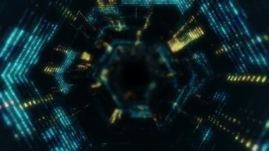 Parlayan ve yanıp sönen parçacıklardan dijital teknolojik tünele uçmanın animasyonu. Kusursuz döngünün animasyonu.