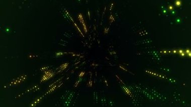 Parlayan ve yanıp sönen parçacıklardan dijital teknolojik tünele uçmanın animasyonu. Kusursuz döngünün animasyonu.