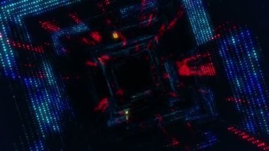 Parlayan ve yanıp sönen parçacıklardan dijital teknolojik tünele uçmanın animasyonu. Kusursuz döngünün animasyonu.