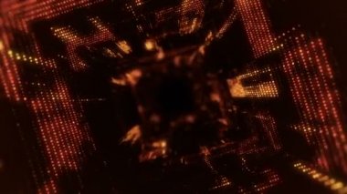 Parlayan ve yanıp sönen parçacıklardan dijital teknolojik tünele uçmanın animasyonu. Kusursuz döngünün animasyonu.