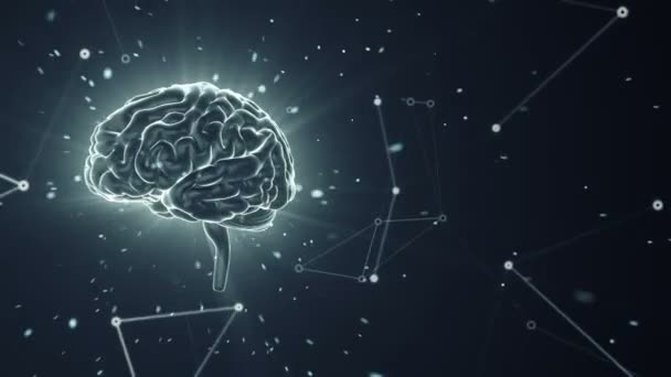 Animation Der Rotation Des Menschlichen Gehirns Mit Umherfliegenden Daten Hintergrund — Stockvideo