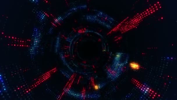 Animación Volar Hacia Túnel Tecnológico Digital Partir Partículas Brillantes Parpadeantes — Vídeo de stock