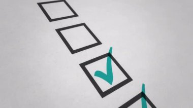 Animasyon işaretleyicisi kağıt üzerinde oy vermek için kutuya bir kene çiziyor. Kusursuz döngünün animasyonu.