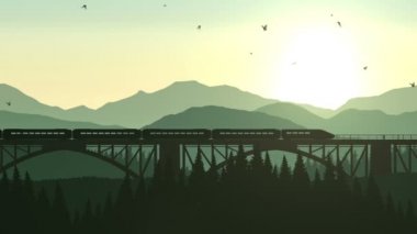 Çizgi film tarzında hareket eden canlılar tren ve kuşlarla birlikte. Portföyümde üç versiyon var: gündüz, gün batımı ve gece. Kusursuz döngünün animasyonu.