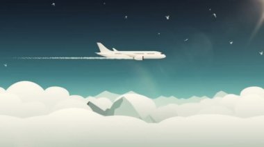 Animasyon, uçak ve kuşlarla karikatür tarzında hareket ediyor. Portföyümde üç versiyon var: gündüz, gün batımı ve gece. Kusursuz döngünün animasyonu.