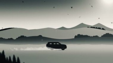 Çizgi film tarzında hareket eden canlılar araba ve kuşlarla birlikte. Portföyümde üç versiyon var: gündüz, gün batımı ve gece. Kusursuz döngünün animasyonu.