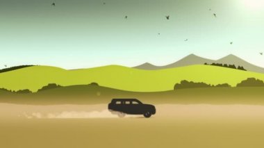 Çizgi film tarzında hareket eden canlılar araba ve kuşlarla birlikte. Portföyümde üç versiyon var: gündüz, gün batımı ve gece. Kusursuz döngünün animasyonu.