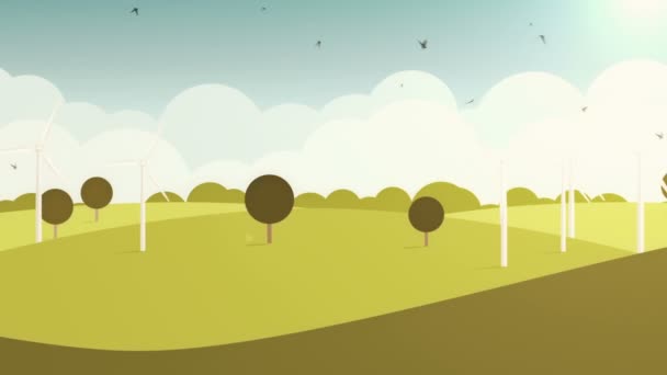 动漫风格的动漫景观与风车和鸟类 我的投资组合有三个版本 日落和夜晚 无缝循环动画 — 图库视频影像