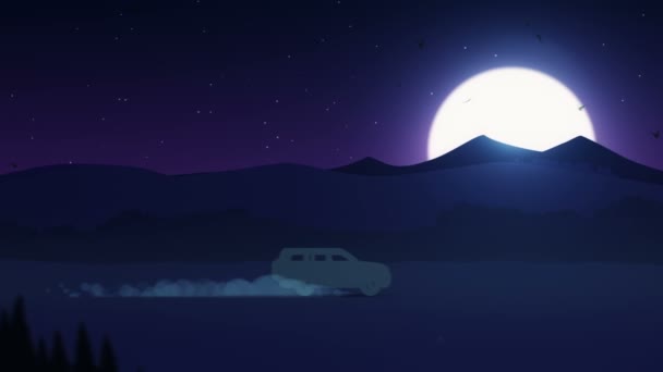 車や鳥と漫画のスタイルで風景のアニメーションの移動 私のポートフォリオの3つのバージョン 日没と夜 シームレスループのアニメーション — ストック動画