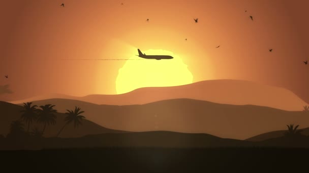 动漫风格的动漫景观与飞机和鸟类 我的投资组合有三个版本 日落和夜晚 无缝循环动画 — 图库视频影像