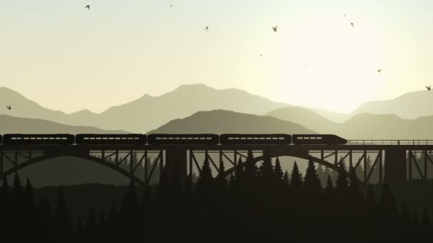 动漫风格的动漫景观与火车和鸟类 我的投资组合有三个版本 日落和夜晚 无缝循环动画 — 图库视频影像
