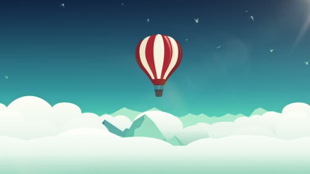 Animación Moviéndose Nubes Estilo Dibujos Animados Con Globo Aéreo Aves — Vídeo de stock
