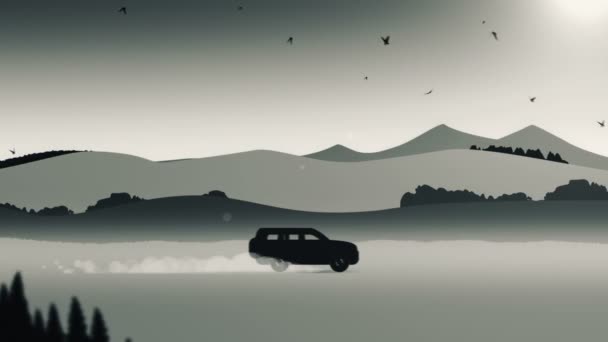 动漫风格的动漫景观与汽车和鸟类 我的投资组合有三个版本 日落和夜晚 无缝循环动画 — 图库视频影像