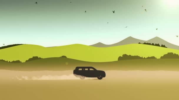 Анімація Переміщення Пейзажу Мультиплікаційному Стилі Автомобілем Птахами Три Версії Мого — стокове відео