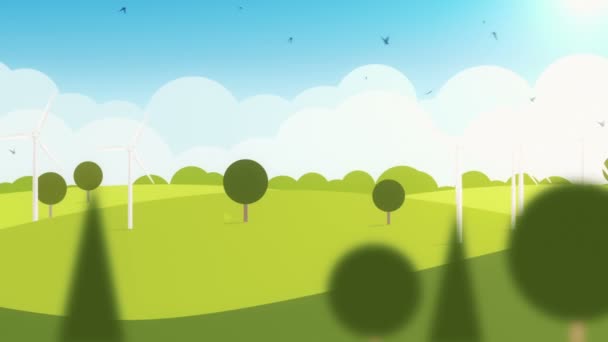 Animation de déplacement du paysage dans le style de dessin animé avec des moulins à vent et des oiseaux. Trois versions sur mon portfolio : le jour, le coucher du soleil et la nuit. Animation d'une boucle sans rupture.