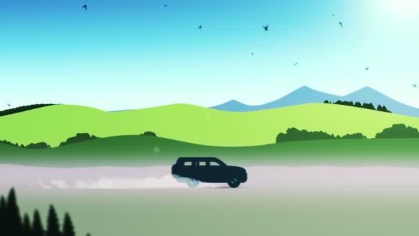Animation Bewegung Von Landschaft Cartoon Stil Mit Auto Und Vögeln — Stockvideo