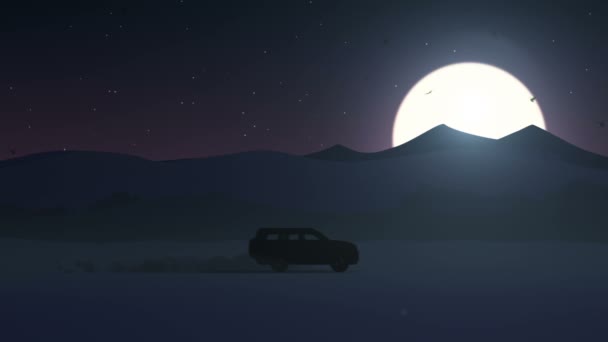 动漫风格的动漫景观与汽车和鸟类 我的投资组合有三个版本 日落和夜晚 无缝循环动画 — 图库视频影像