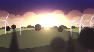 Yel değirmenleri ve kuşlarla karikatür tarzında hareket eden bir animasyon. Portföyümde üç versiyon var: gündüz, gün batımı ve gece. Kusursuz döngünün animasyonu.