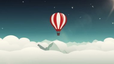 Hava balonu ve kuşlarla çizgi film tarzında hareket eden bulutlar. Kusursuz döngünün animasyonu.