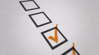 Animasyon işaretleyicisi kağıt üzerinde oy vermek için kutuya bir kene çiziyor. Kusursuz döngünün animasyonu.