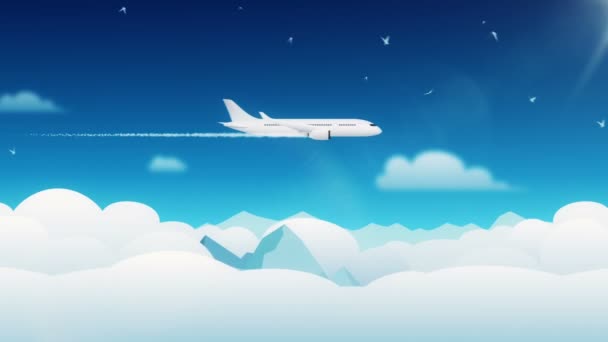Animação Movimento Paisagem Estilo Desenho Animado Com Avião Pássaros Três — Vídeo de Stock