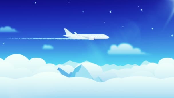 Animação Movimento Paisagem Estilo Desenho Animado Com Avião Pássaros Três — Vídeo de Stock