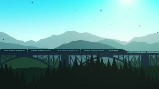 Animación Movimiento Paisaje Estilo Dibujos Animados Con Tren Aves Tres — Vídeos de Stock