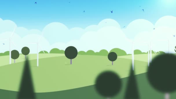 Animação Movimento Paisagem Estilo Desenho Animado Com Moinhos Vento Pássaros — Vídeo de Stock