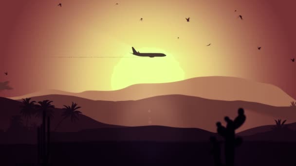 飛行機や鳥と漫画のスタイルで風景のアニメーション移動 私のポートフォリオの3つのバージョン 日没と夜 シームレスループのアニメーション — ストック動画