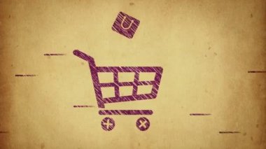 Cam, ahşap ya da beton duvarda ticaret, alışveriş ve satış sembolleri olan yapıştırmaların canlandırılması