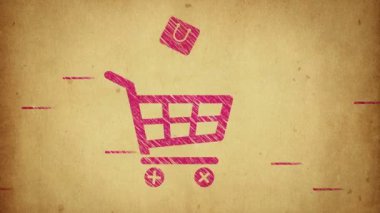Cam, ahşap ya da beton duvarda ticaret, alışveriş ve satış sembolleri olan yapıştırmaların canlandırılması