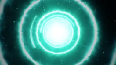 Çember şeklindeki ateş şekillerinden tünele uçarak soyut bir arkaplan. Kusursuz döngünün animasyonu.