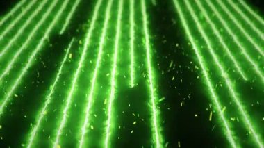 Neon çizgileri ya da lazerleri olan soyut bir arkaplan ve uçan çizgiler üzerinde titreşen parçacıklar. Kusursuz döngünün animasyonu.