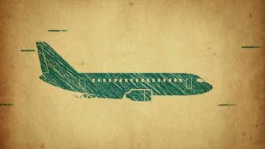 Renkli arkaplanda, uçan parçacıklarla çevrili düz simge şeklinde uçağın animasyon rotasyonu. Çizgi sanatı tarzı. Kusursuz döngünün animasyonu.