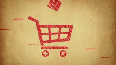 Cam, ahşap ya da beton duvarda ticaret, alışveriş ve satış sembolleri olan yapıştırmaların canlandırılması
