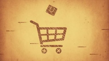 Cam, ahşap ya da beton duvarda ticaret, alışveriş ve satış sembolleri olan yapıştırmaların canlandırılması