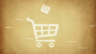 Cam, ahşap ya da beton duvarda ticaret, alışveriş ve satış sembolleri olan yapıştırmaların canlandırılması