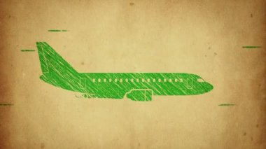 Renkli arkaplanda, uçan parçacıklarla çevrili düz simge şeklinde uçağın animasyon rotasyonu. Çizgi sanatı tarzı. Kusursuz döngünün animasyonu.