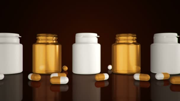 Animation Von Flaschen Für Medikamente Und Tabletten Hintereinander Animation Einer — Stockvideo