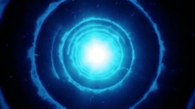 Çember şeklindeki ateş şekillerinden tünele uçarak soyut bir arkaplan. Kusursuz döngünün animasyonu.