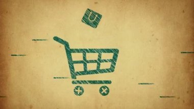 Cam, ahşap ya da beton duvarda ticaret, alışveriş ve satış sembolleri olan yapıştırmaların canlandırılması