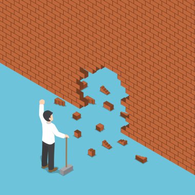 İzometrik işadamı kullanım çekiç duvar breaking