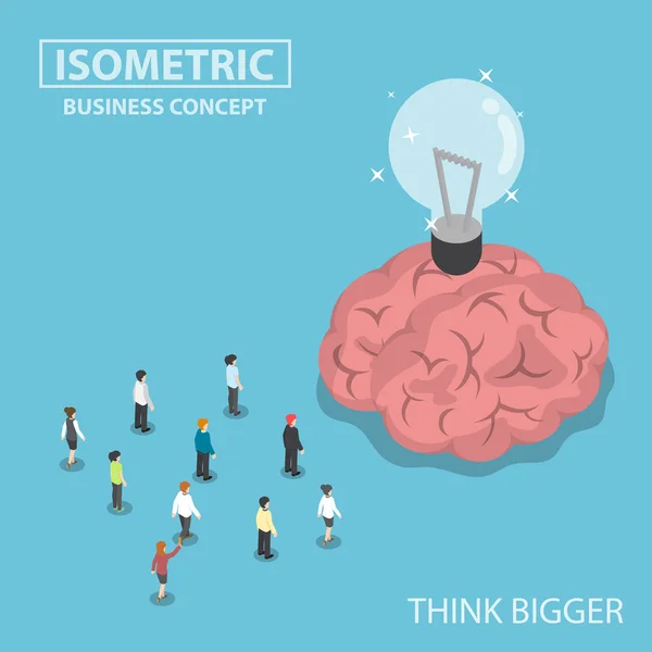 Isometric business people standing in front of the big brain and — Stock Vector