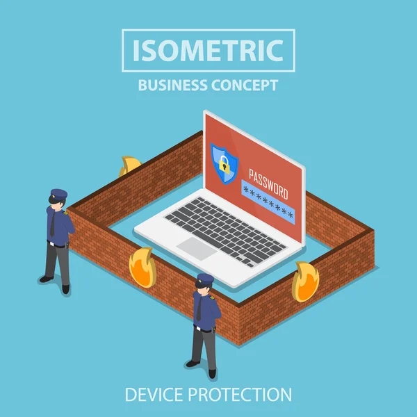 Isometric laptop computer protected by security system — Stock Vector