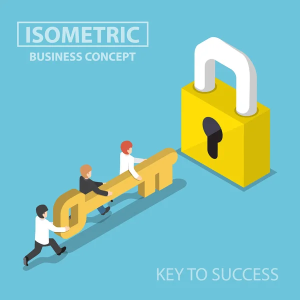 Tim bisnis Isometric memegang kunci emas untuk membuka kunci - Stok Vektor