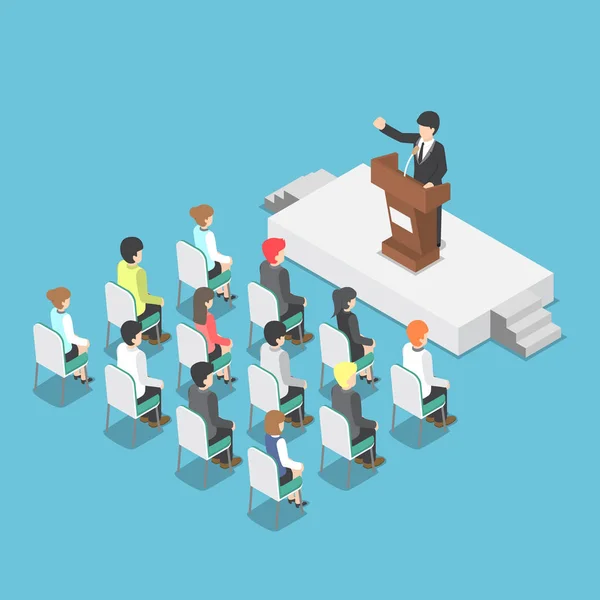 İzometrik işadamı bir podyum bir konferansta konuşan
