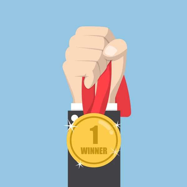 Businessman hand holding winner medal — Stock Vector